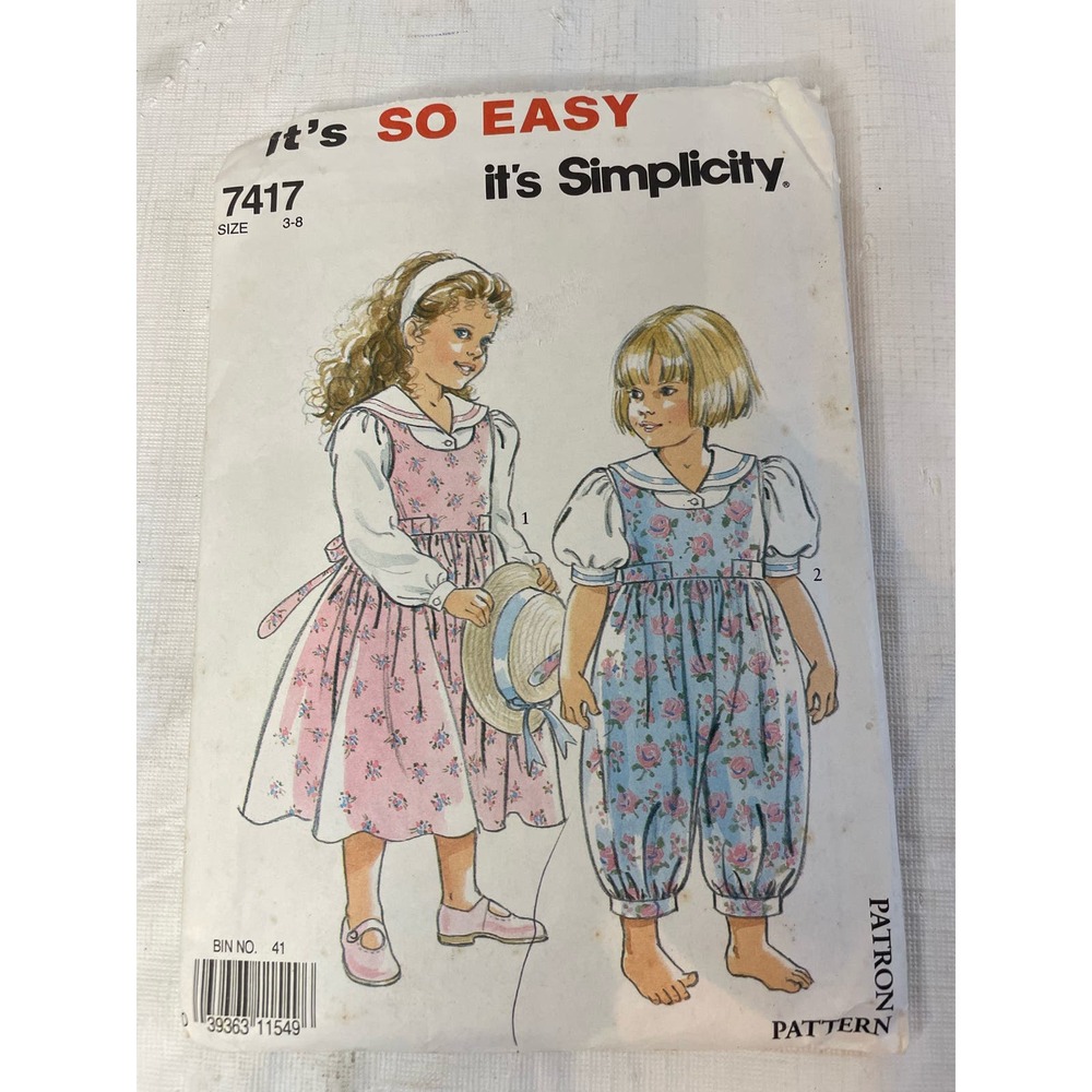 90's 1991 Simplicity 7417 Sewing Pattern Girls 3-8 Vintage